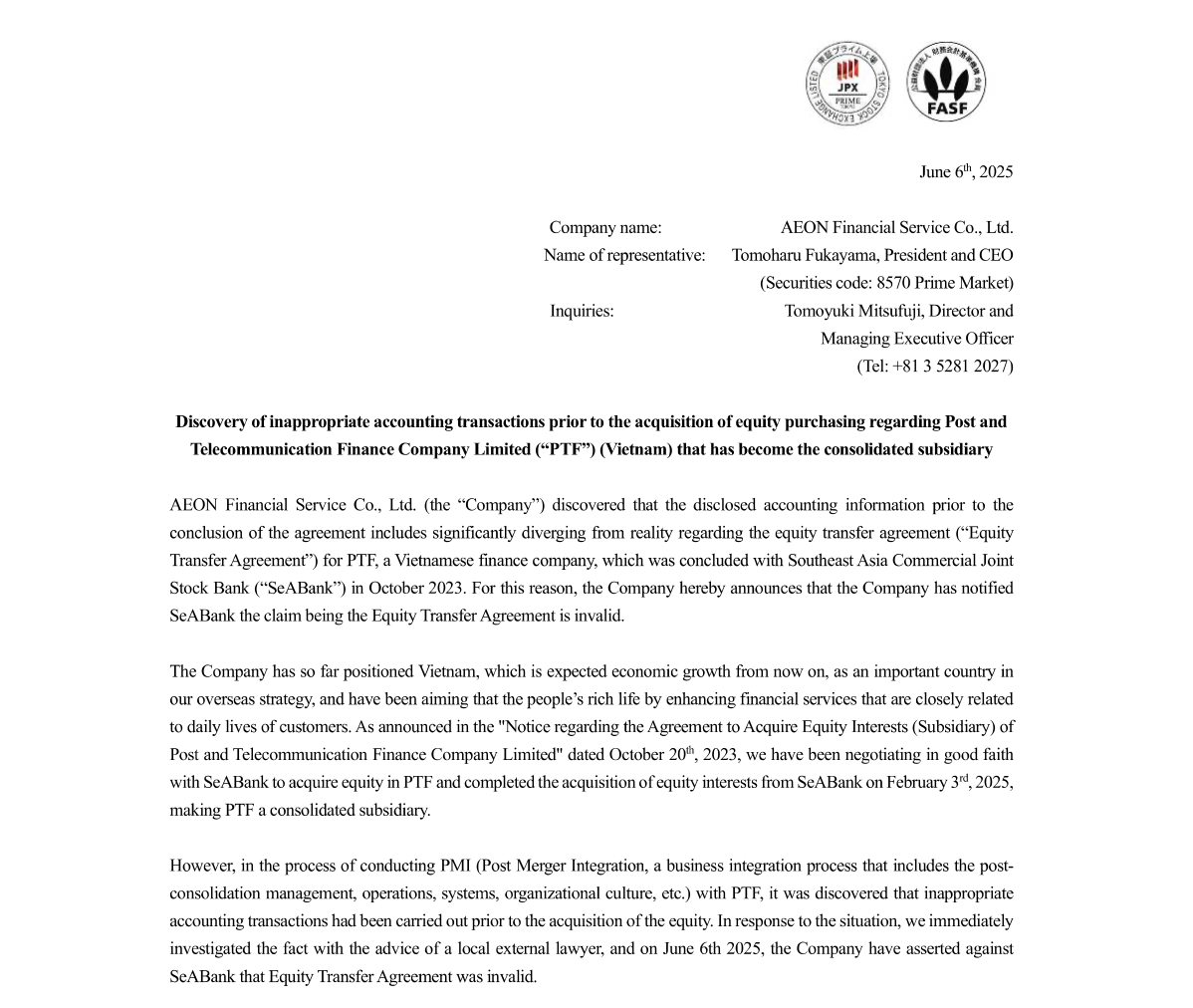 AEON Financial Services muốn hủy thương vụ mua công ty tài chính của SeABank- Ảnh 1. AEON Financial Services muốn hủy thương vụ mua công ty tài chính của SeABank- Ảnh 1.