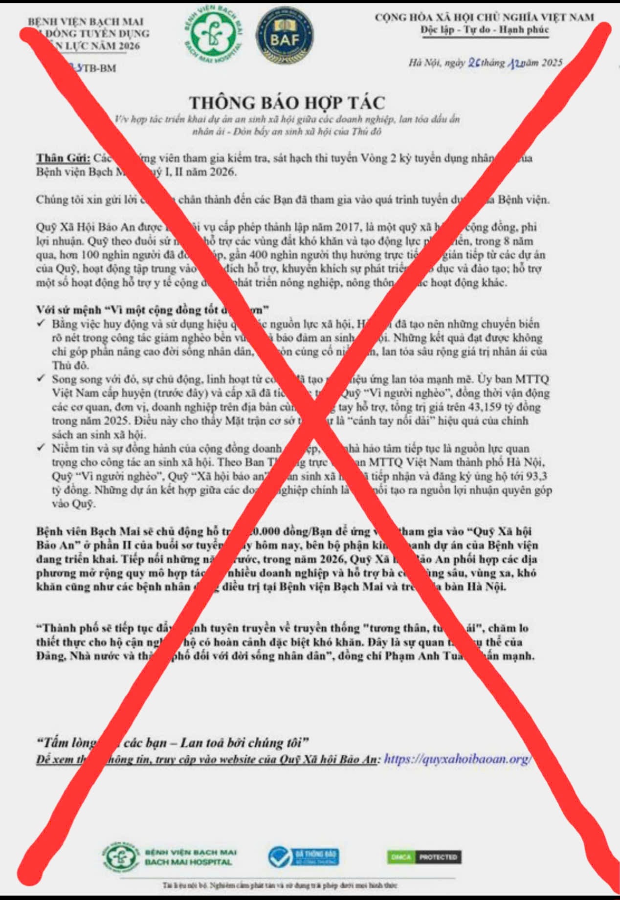 Cảnh giác thủ đoạn mạo danh Bệnh viện Bạch Mai để lừa đảo tuyển dụng- Ảnh 1.