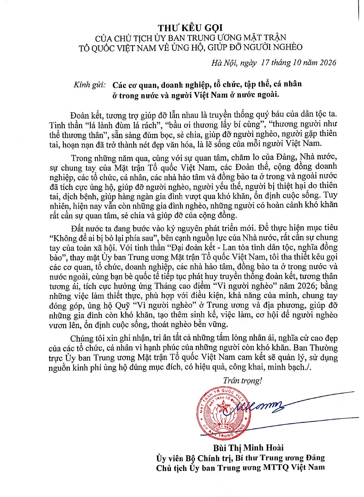 Chủ tịch Ủy ban Trung ương MTTQ Việt Nam gửi thư kêu gọi ủng hộ, giúp đỡ người nghèo - Ảnh 2.
