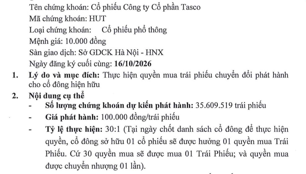 Tasco chào bán trái phiếu chuyển đổi huy động gần 3.561 tỷ đồng- Ảnh 1.