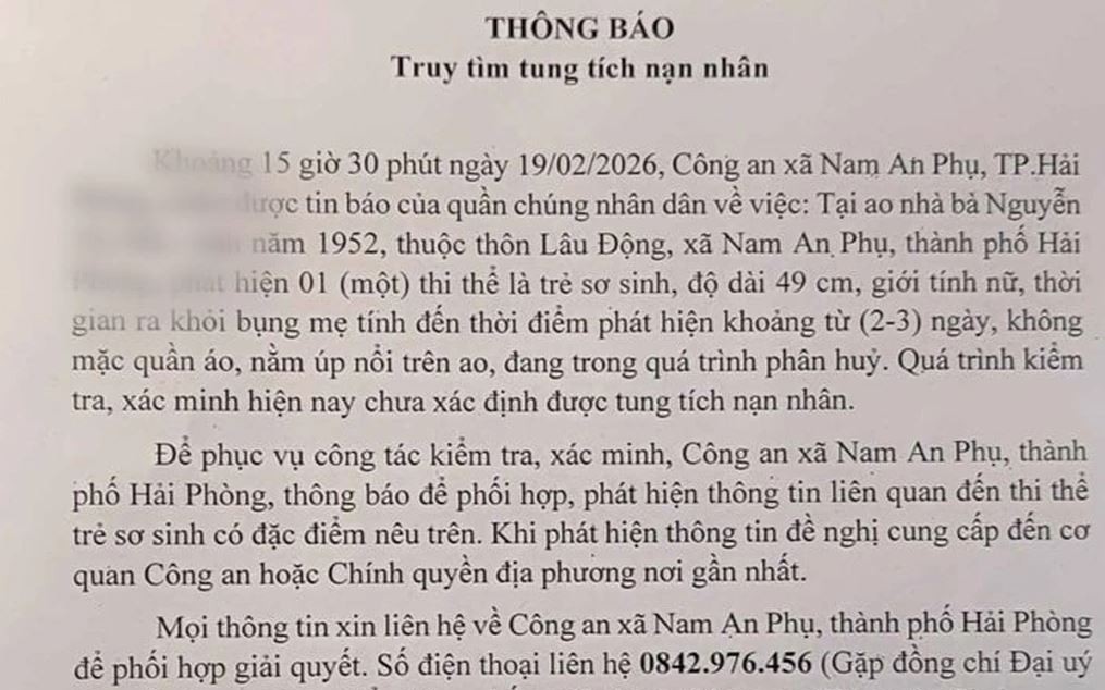 Hải Phòng: Phát hiện thi thể trẻ sơ sinh, công an kêu gọi cung cấp thông tin