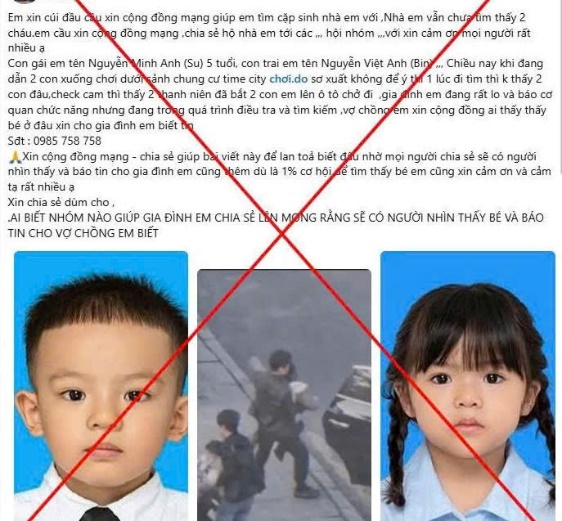 Sự thật thông tin "2 trẻ em bị bắt cóc tại khu vực Times City" xôn xao mạng xã hội - Ảnh 1.