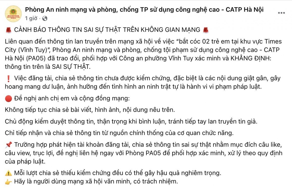 Sự thật thông tin "2 trẻ em bị bắt cóc tại khu vực Times City" xôn xao mạng xã hội - Ảnh 2.