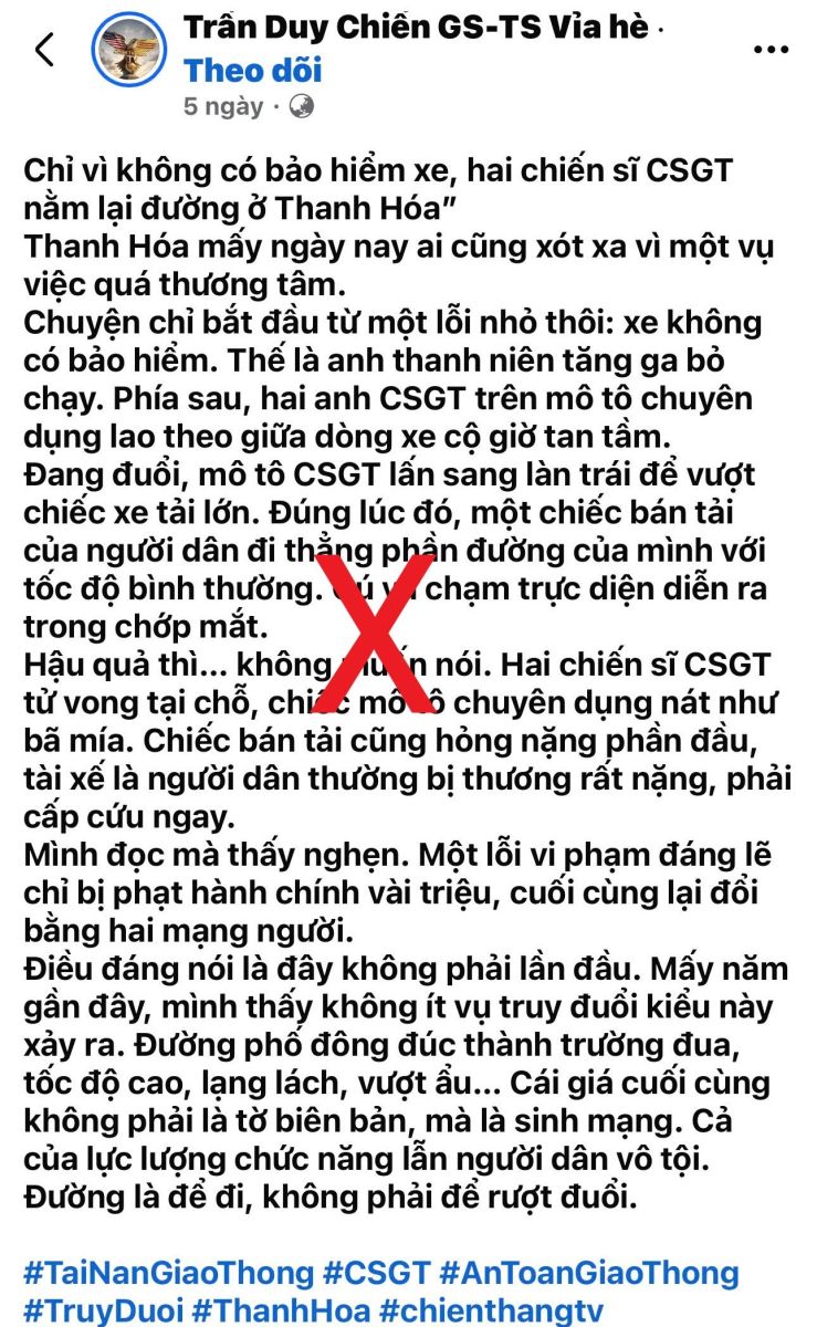 Bác bỏ thông tin 2 CSGT Thanh Hóa tử vong khi truy đuổi phương tiện vi phạm- Ảnh 1. Bác bỏ thông tin 2 CSGT Thanh Hóa tử vong khi truy đuổi phương tiện vi phạm- Ảnh 1.