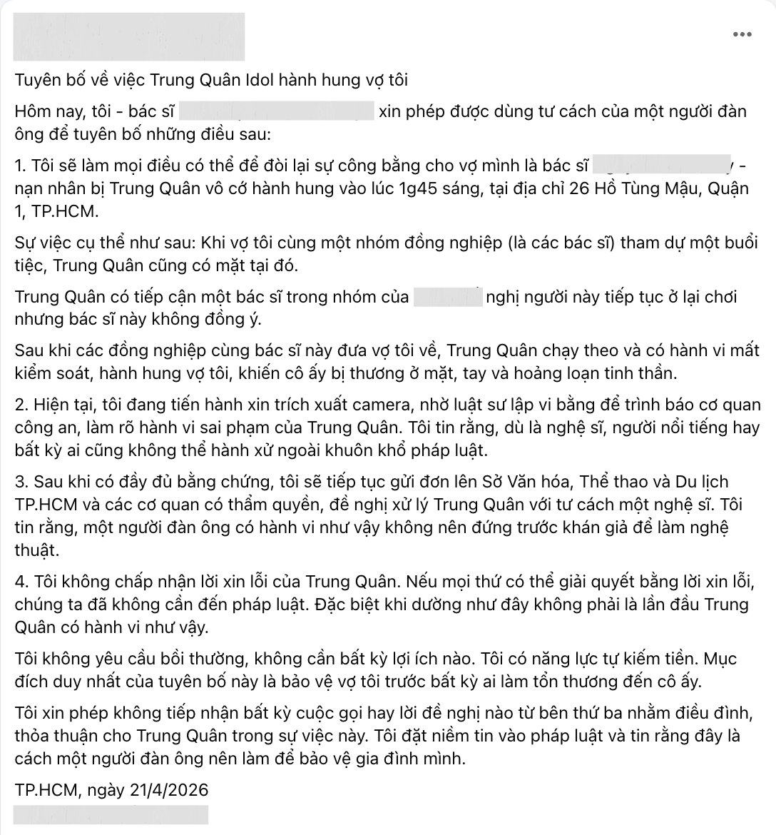 Trung Quân Idol bị tố hành hung nữ bác sĩ trong tình trạng say xỉn  - Ảnh 1.