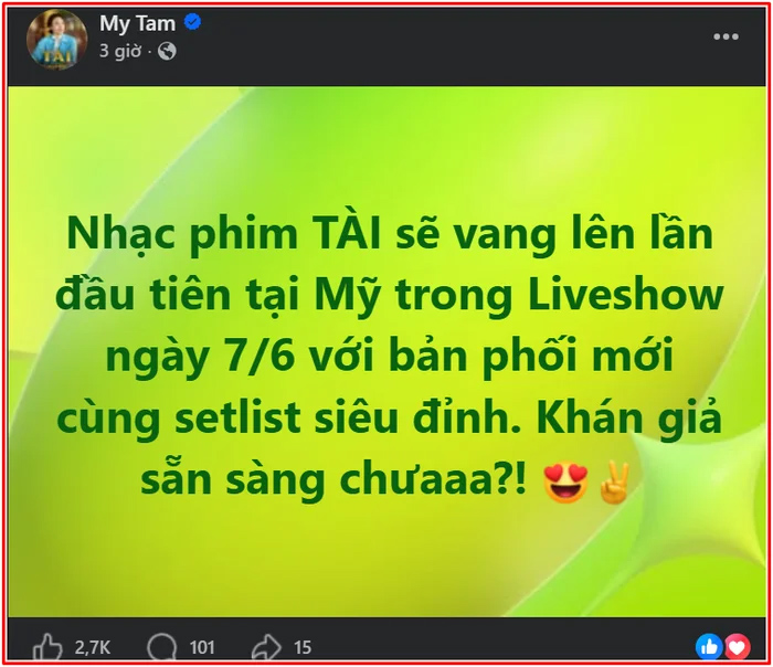 Ca sĩ Mỹ Tâm công bố tin đặc biệt khiến người hâm mộ 