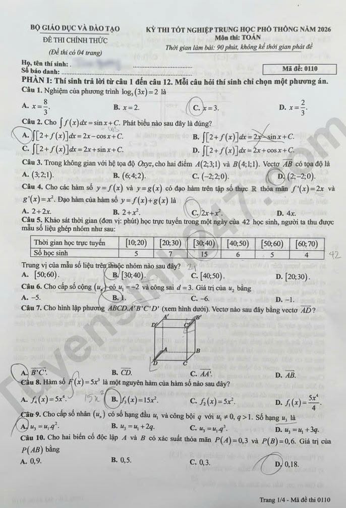 Đáp án môn Toán thi tốt nghiệp THPT 2026 nhanh nhất, đầy đủ nhất mã đề 0110 - Ảnh 1.