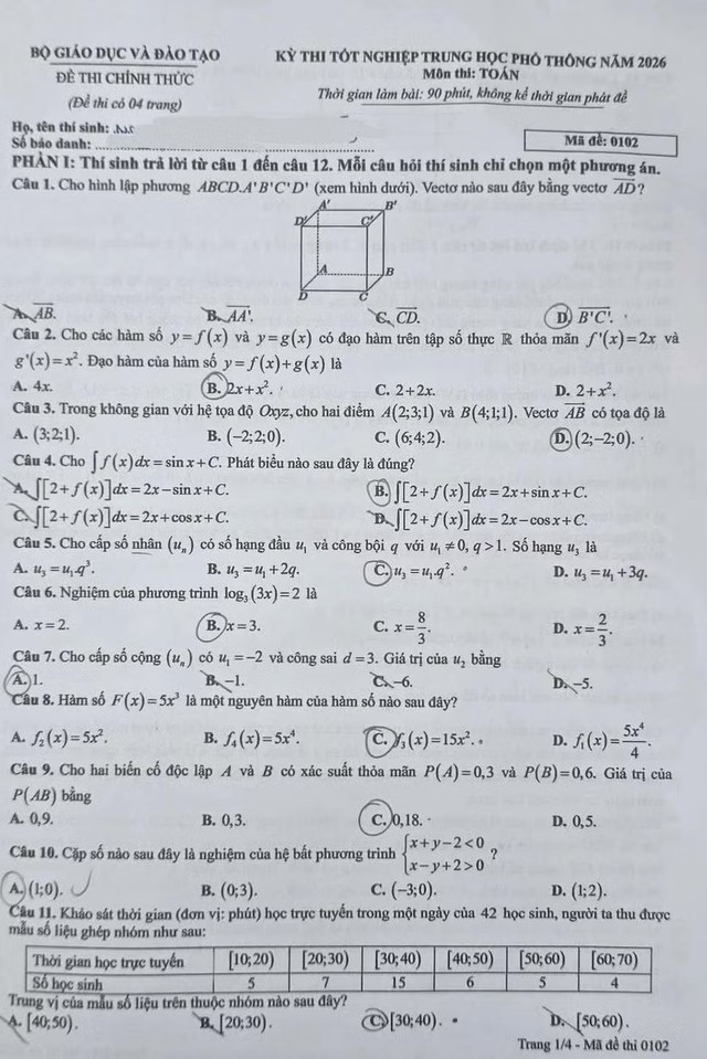 Đ&aacute;p &aacute;n m&ocirc;n To&aacute;n thi tốt nghiệp THPT 2026 nhanh nhất, đầy đủ nhất m&atilde; 0102 - Ảnh 1.