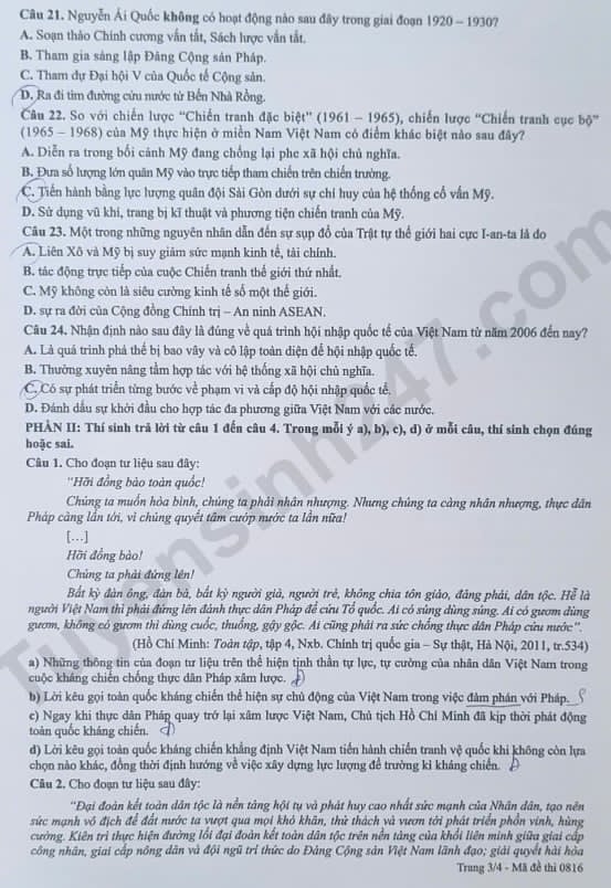 Đáp án môn Lịch sử thi tốt nghiệp THPT 2026 mã đề 0816 nhanh nhất, đầy đủ nhất - Ảnh 3.