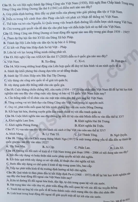 Đáp án môn Lịch sử thi tốt nghiệp THPT 2026 mã đề 0816 nhanh nhất, đầy đủ nhất - Ảnh 2.
