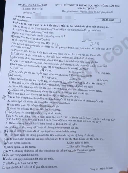 Đáp án môn Lịch sử thi tốt nghiệp THPT 2026 mã đề 0802 nhanh nhất, đầy đủ nhất - Ảnh 1.