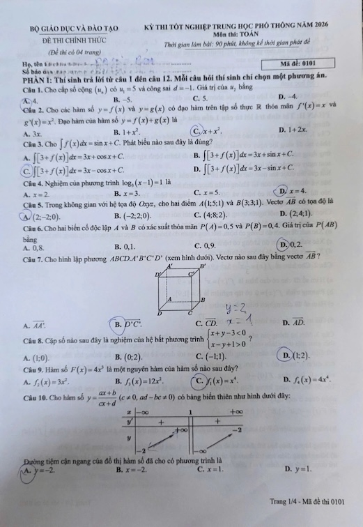 Đáp án môn Toán thi tốt nghiệp THPT 2026 nhanh nhất, đầy đủ nhất mã 0101 - Ảnh 1.