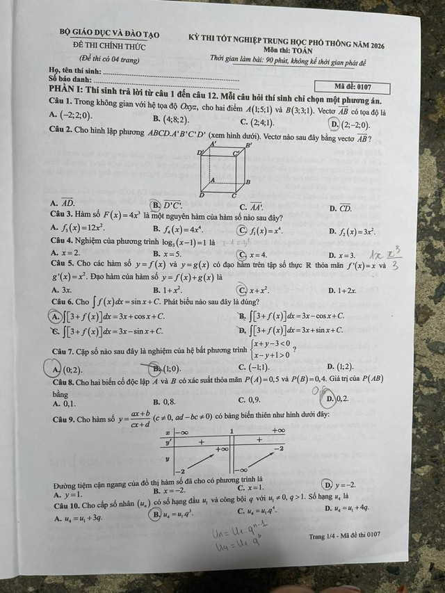 Đáp án môn Toán thi tốt nghiệp THPT 2026 nhanh nhất, đầy đủ nhất mã 0107 - Ảnh 1.