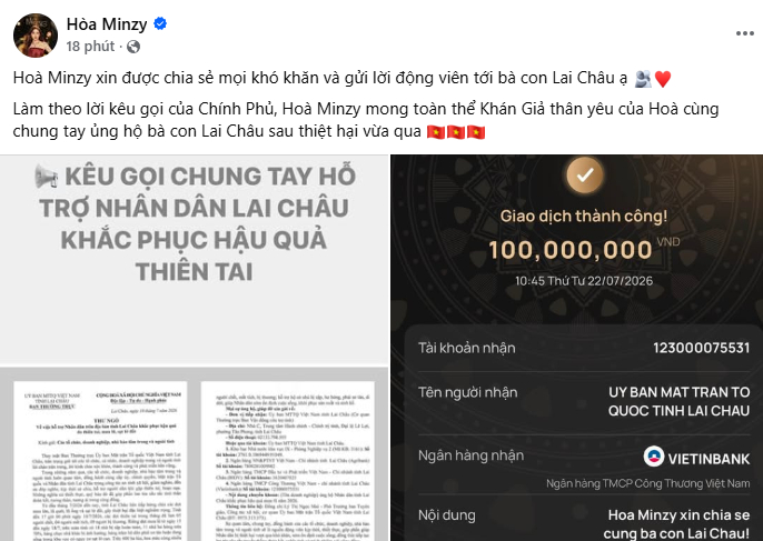 Ca sĩ Hòa Minzy chuyển khoản 100 triệu đồng ủng hộ khắc phục hậu quả thiên tai- Ảnh 1.