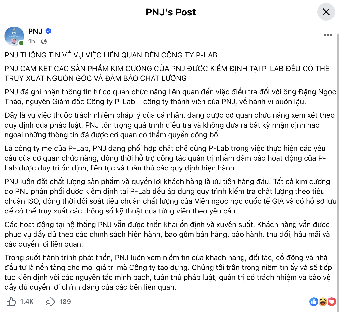 PNJ lên tiếng về chất lượng kim cương sau vụ khởi tố nguyên Giám đốc P-Lab- Ảnh 1.