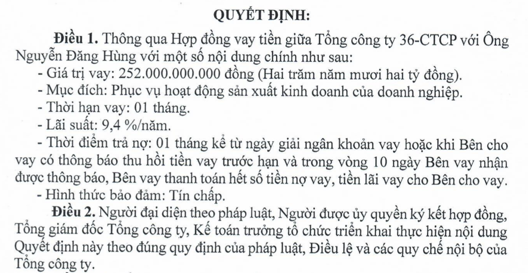 Tổng công ty 36 vay thêm 252 tỷ đồng từ người thân Chủ tịch- Ảnh 1.