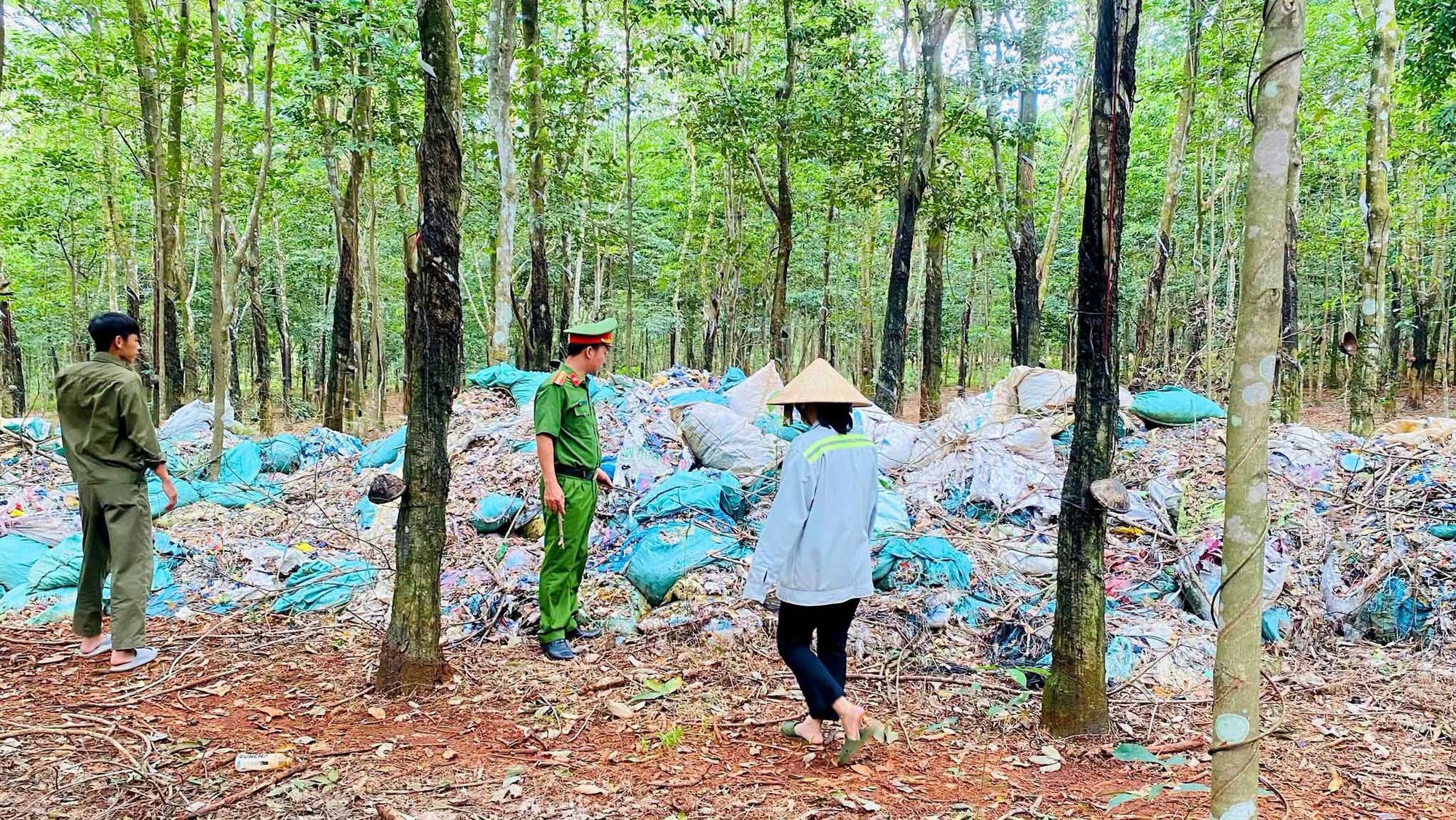 Gần 8,5 tấn chất thải bị đổ trái phép trong rừng cao su ở Đồng Nai- Ảnh 1.