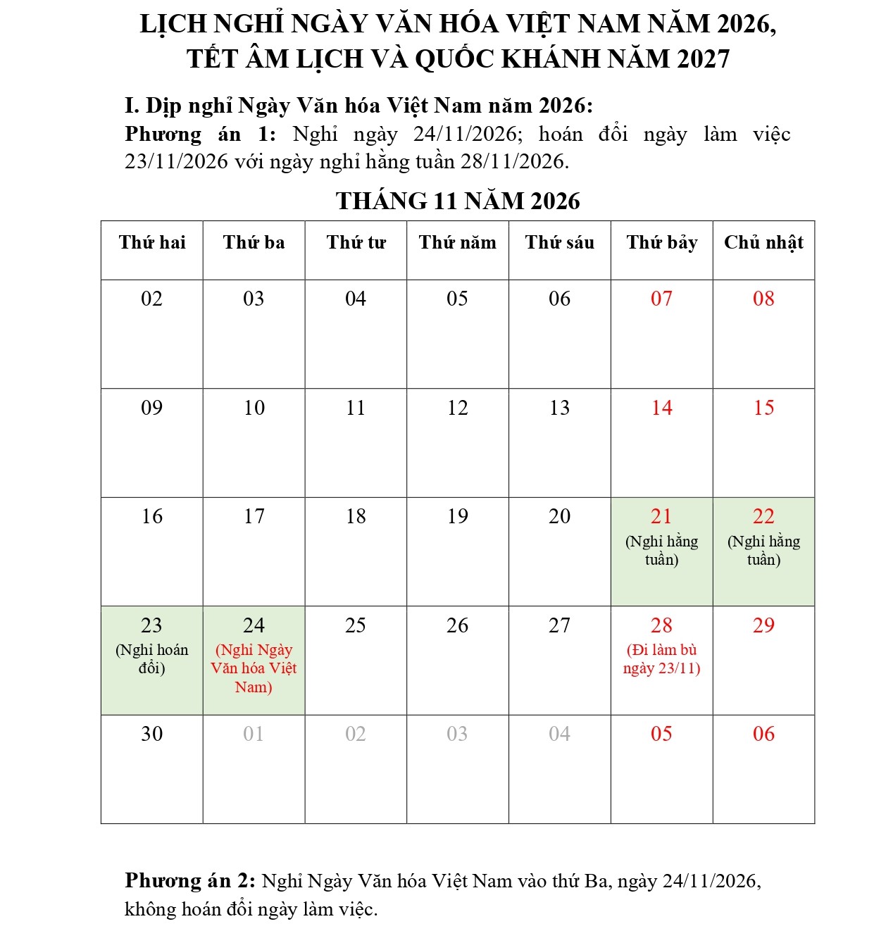 Bộ Nội vụ đề xuất 2 phương &aacute;n nghỉ Ng&agrave;y Văn h&oacute;a Việt Nam 2026 - Ảnh 2.