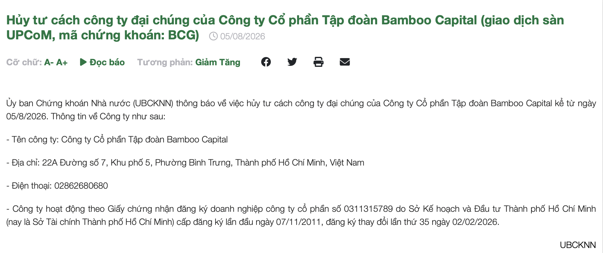UBCKNN hủy tư cách công ty đại chúng của Bamboo Capital và BCG Land - Ảnh 1.