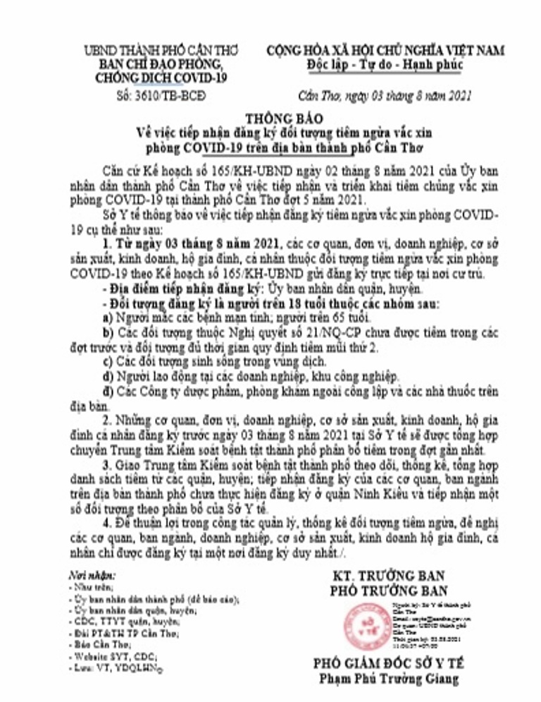 Sự kiện - Cần Thơ: Nhóm đối tượng được tiêm vắc xin phòng Covid-19 đợt 5