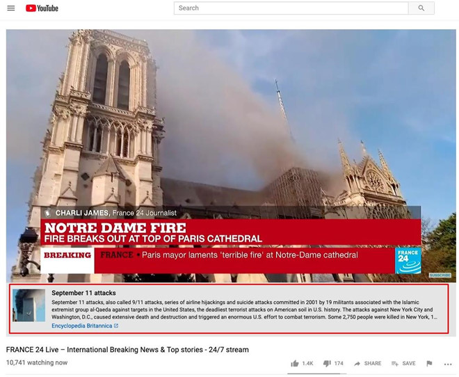 Cuộc sống số - Người dùng choáng váng vì YouTube nhầm vụ cháy Nhà thờ Đức Bà Paris là khủng bố 11/9