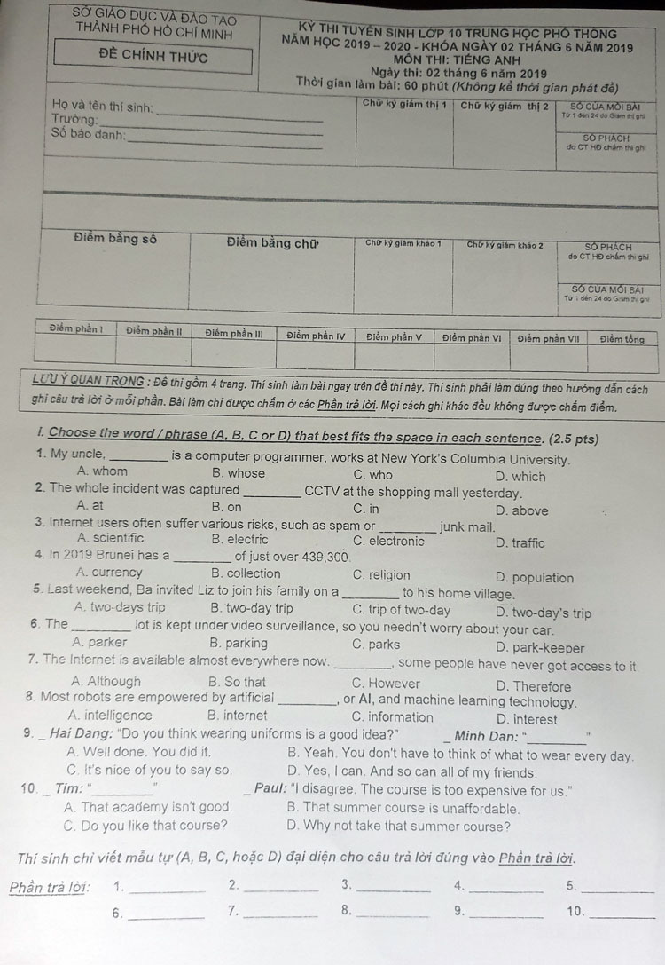 Giáo dục - Đề thi tiếng Anh vào lớp 10 tại TP.HCM có sai sót, sở GD&ĐT nói gì? (Hình 2).