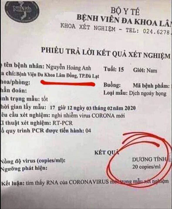 Tin nhanh - Lâm Đồng: Phát hiện một học sinh lớp 11 làm giả kết quả dương tính với virus corona