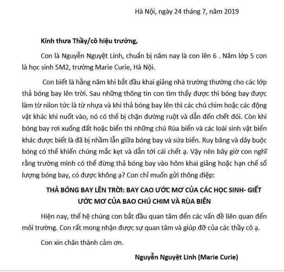 Môi trường -  Dậy sóng lá thư của cô bé lớp 6 gửi hơn 40 hiệu trưởng đề nghị không thả bóng bay trong ngày khai giảng (Hình 2).