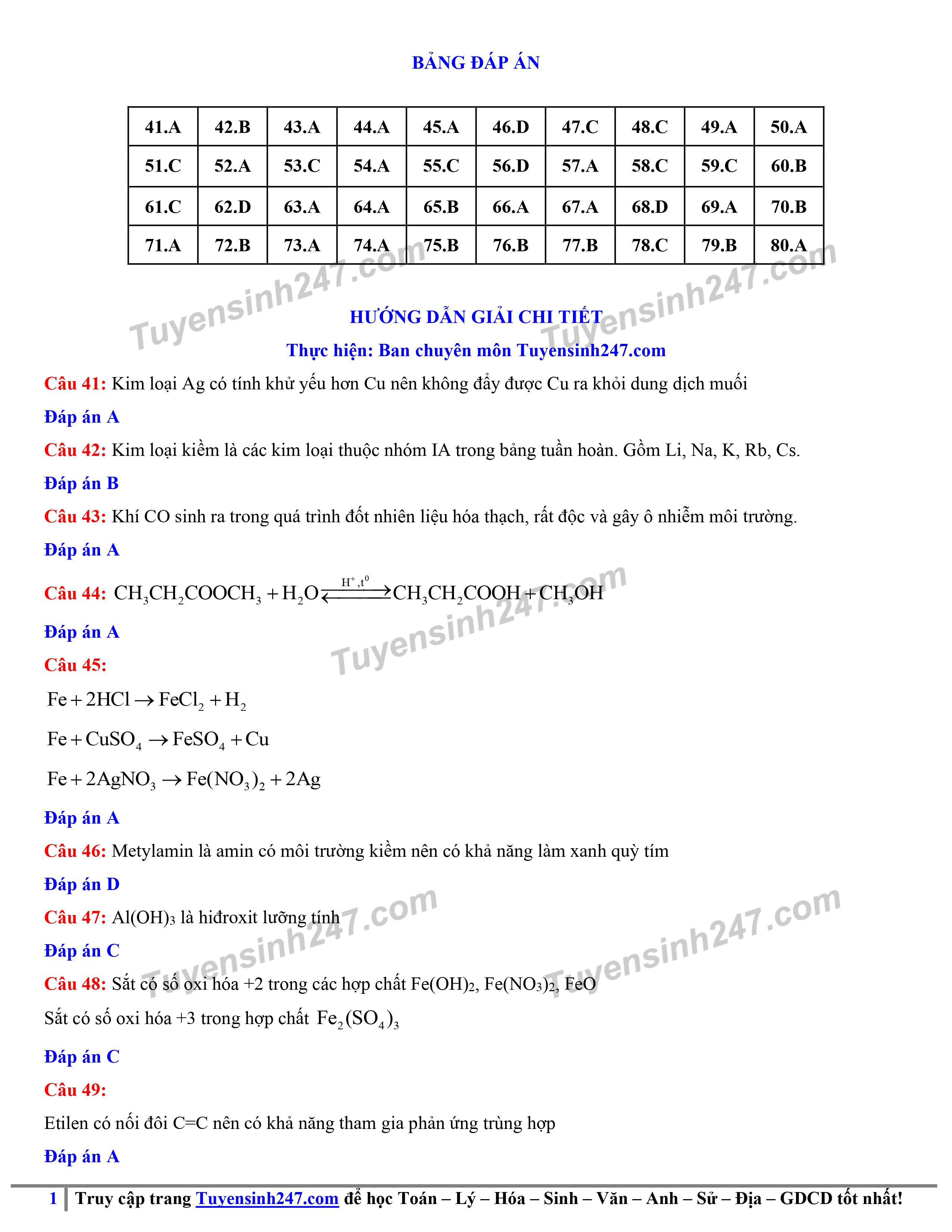 Giáo dục - Đáp án đề thi tham khảo kỳ thi tốt nghiệp THPT Quốc gia 2020 môn Hóa