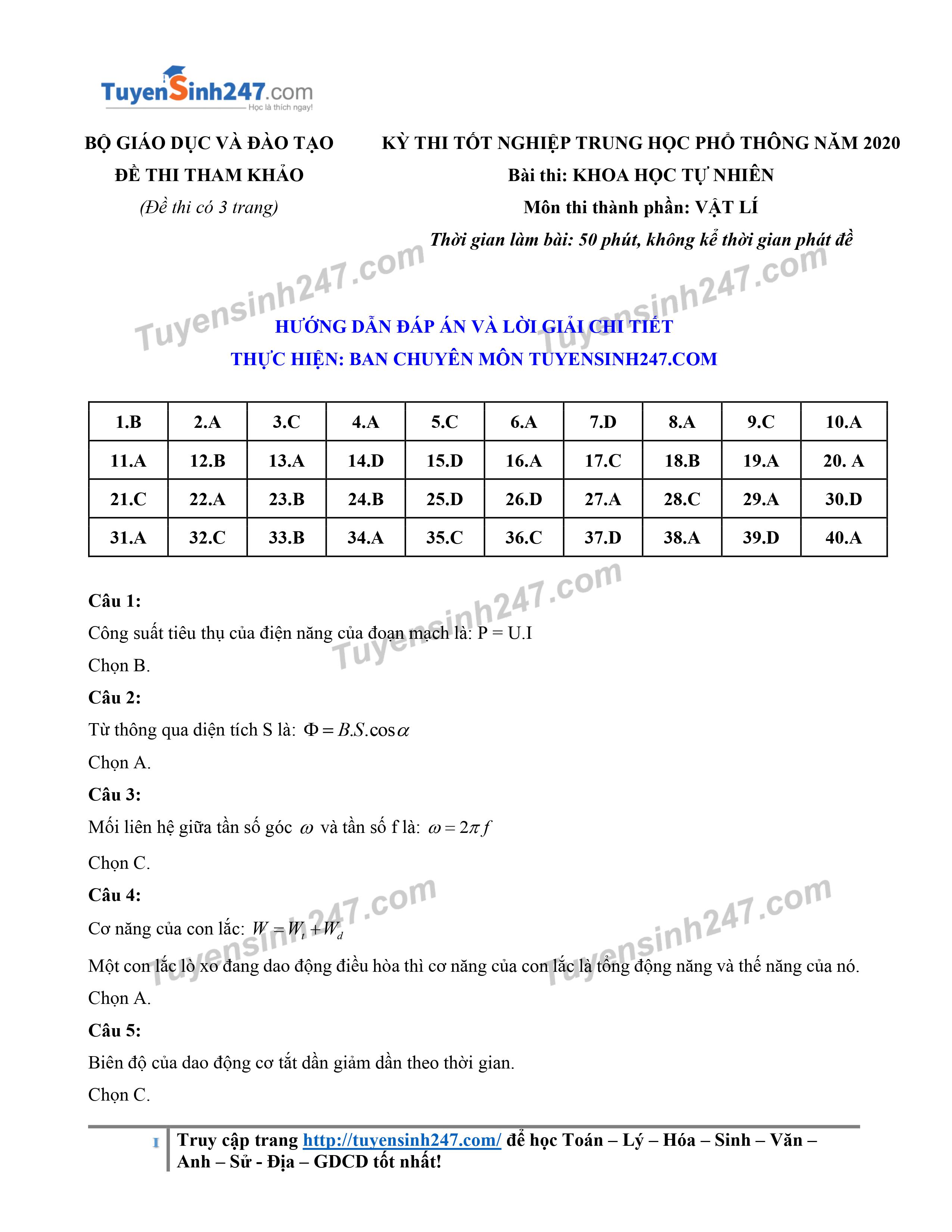 Giáo dục - Đáp án đề thi tham khảo kỳ thi tốt nghiệp THPT năm 2020 môn Vật lý chuẩn nhất