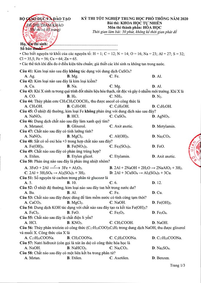 Giáo dục - Đề thi tham khảo kỳ thi tốt nghiệp THPT Quốc gia 2020 môn Hóa