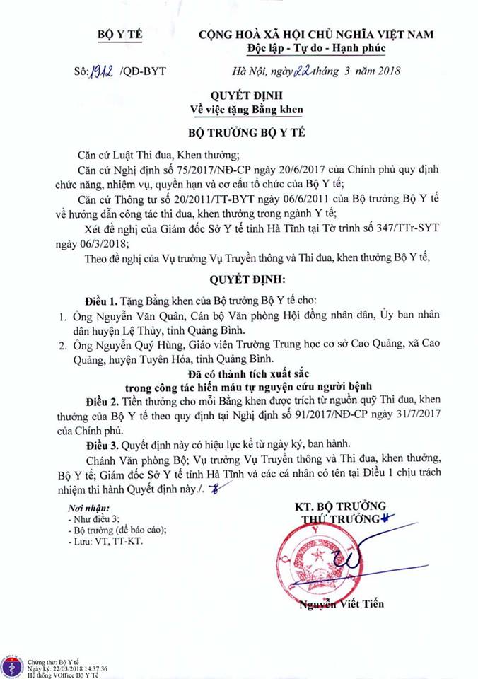 Bộ trưởng Y tế tặng Bằng khen cho 2 cá nhân vượt 200km hiến máu cứu người