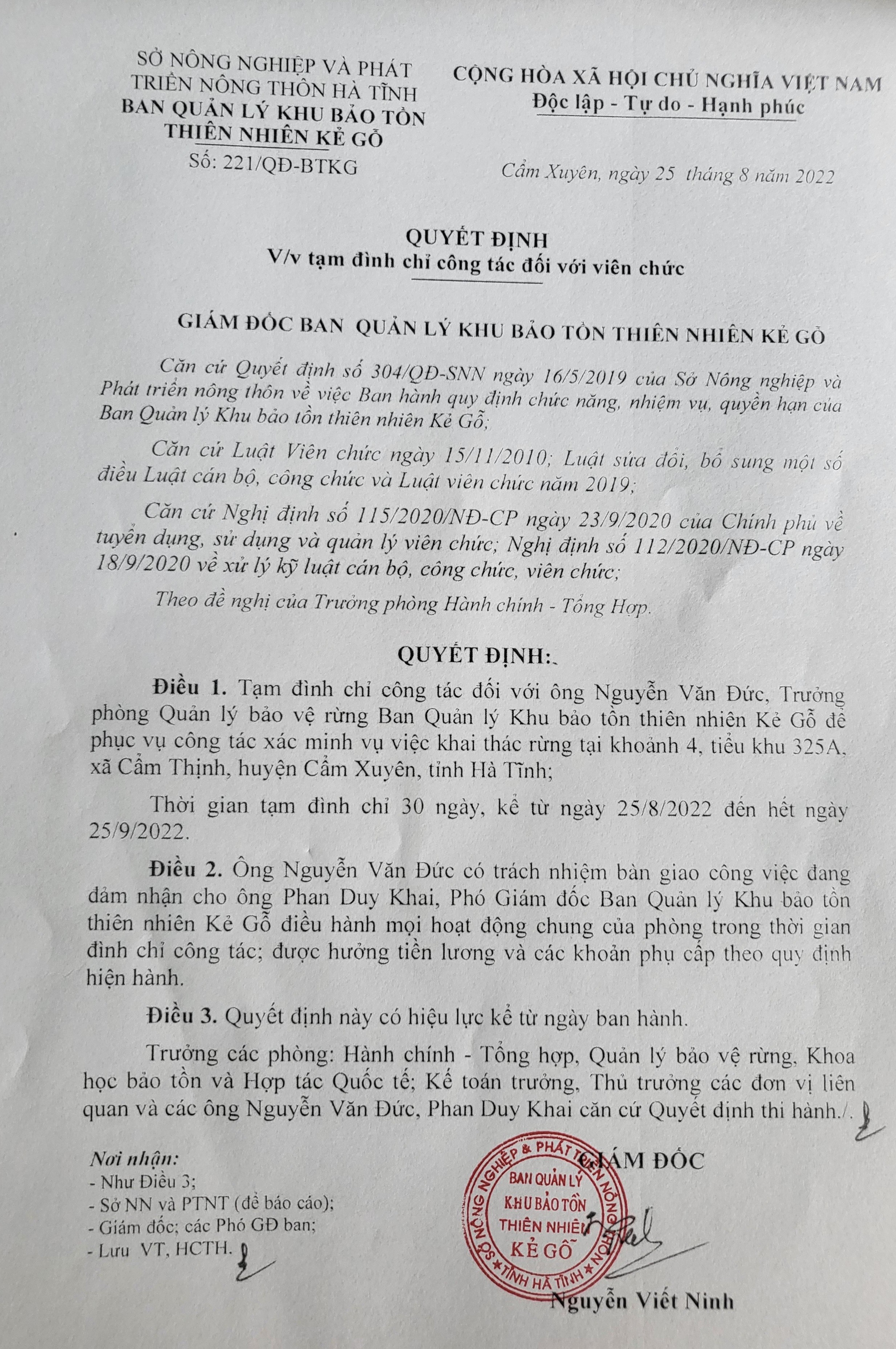 An ninh - Hình sự - Vụ phá rừng nguyên sinh ở Hà Tĩnh: Tạm đình chỉ công tác Trưởng phòng BQL Khu bảo tồn thiên nhiên Kẻ Gỗ 