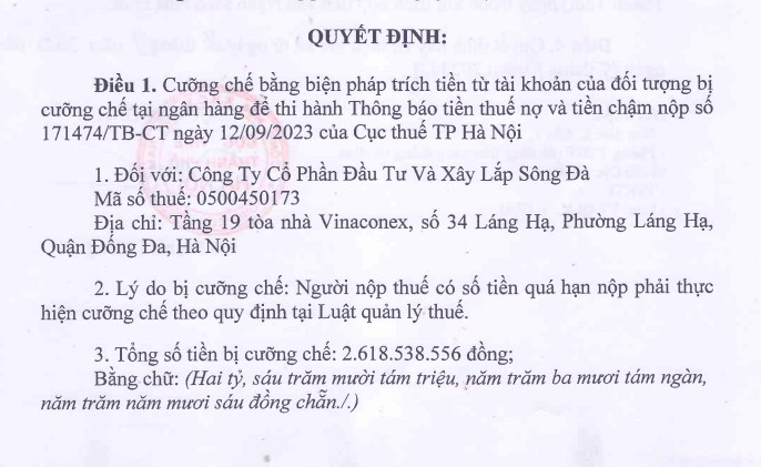 Hồ sơ doanh nghiệp - Đầu tư và Xây lắp Sông Đà bị cưỡng chế 2,6 tỷ đồng tiền thuế