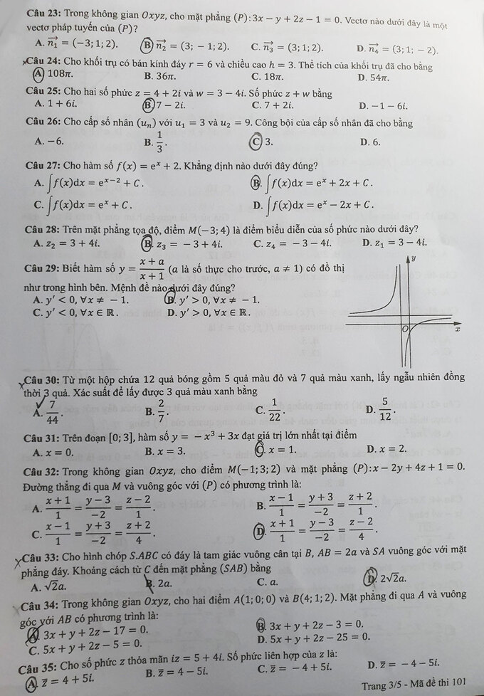 Giáo dục - Đáp án đề thi môn Toán tốt nghiệp THPT 2021 chuẩn nhất mã đề 101 (Hình 3).