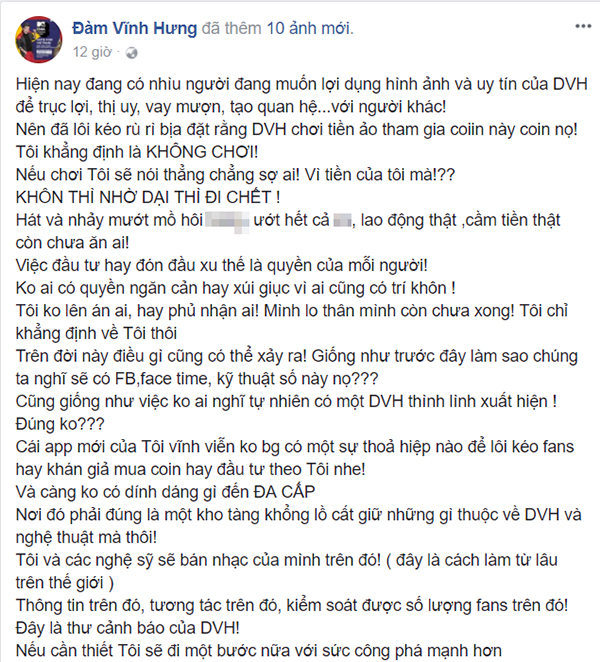 Giải trí - Đàm Vĩnh Hưng bức xúc vì bị kẻ xấu bịa đặt chơi tiền ảo, đa cấp