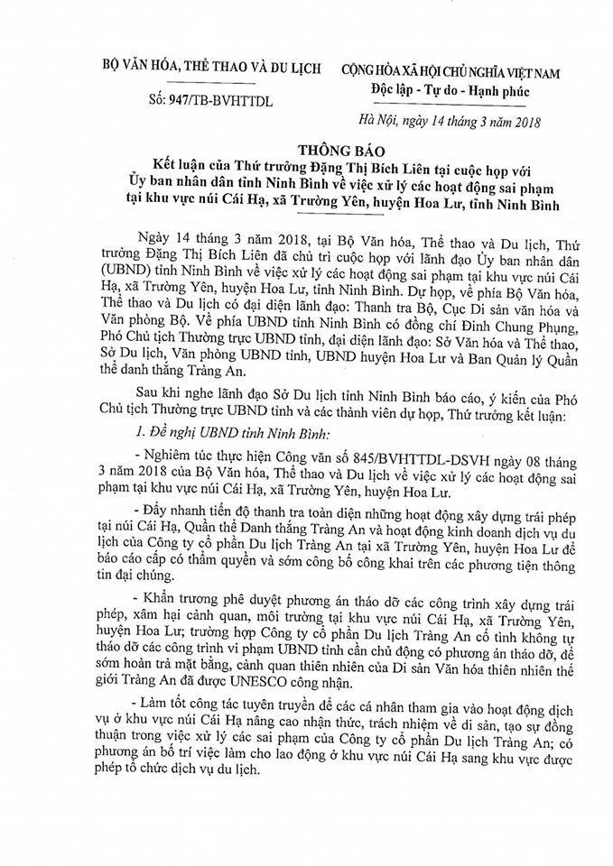 Công trình xây trái phép ở Tràng An: Bộ VH,TT&DL yêu cầu kiểm điểm các cá nhân, tập thể liên quan