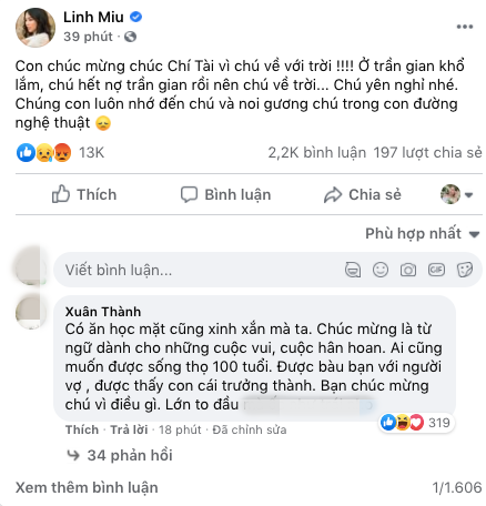 Ngôi sao - Linh Miu nói gì trước phát ngôn 'Chúc mừng chú Chí Tài về với trời'?