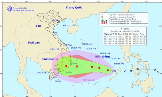 Tin nhanh - Chiều tối nay (22/11), áp thấp nhiệt đới sẽ mạnh lên thành bão