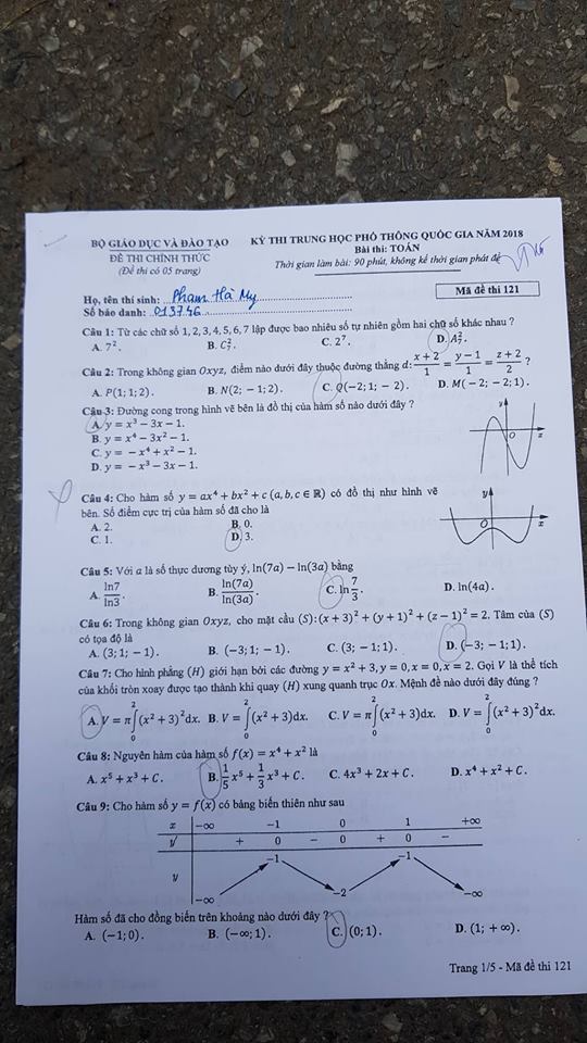 Đề thi, đáp án môn Toán mã đề 121 THPT Quốc gia 2018 chuẩn nhất