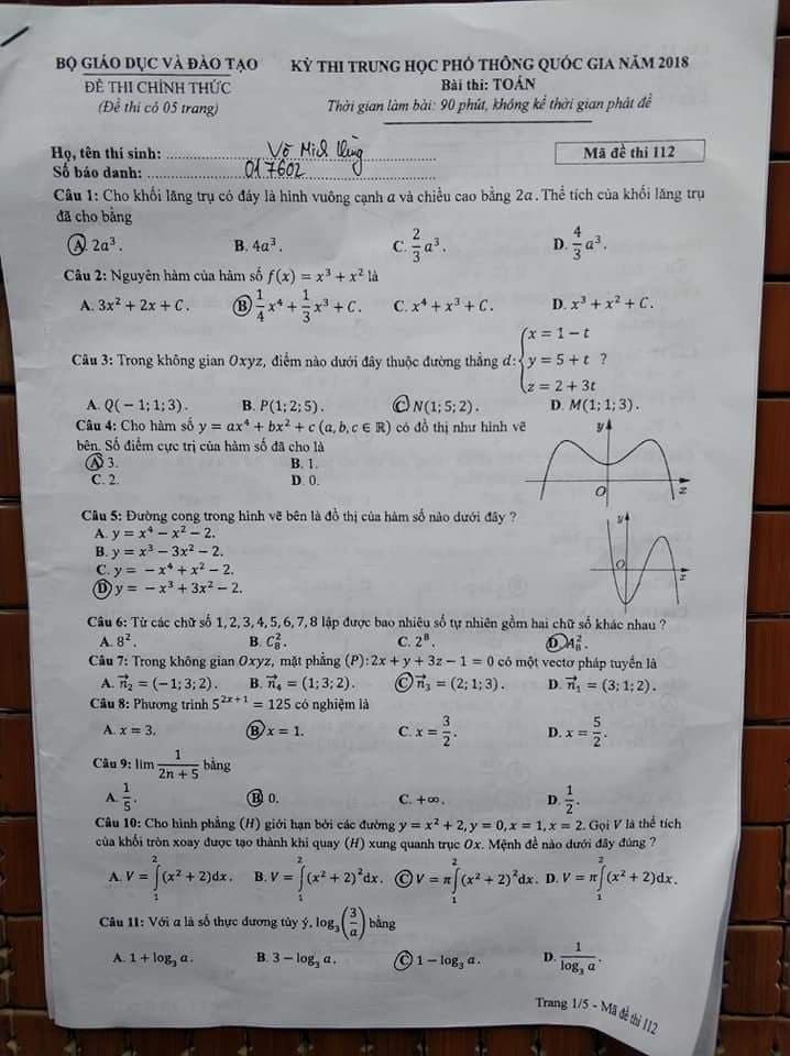 Đề thi, đáp án môn Toán mã đề 112 THPT Quốc gia 2018 chuẩn nhất