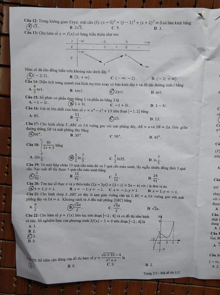 Đề thi, đáp án môn Toán mã đề 112 THPT Quốc gia 2018 chuẩn nhất (Hình 2).