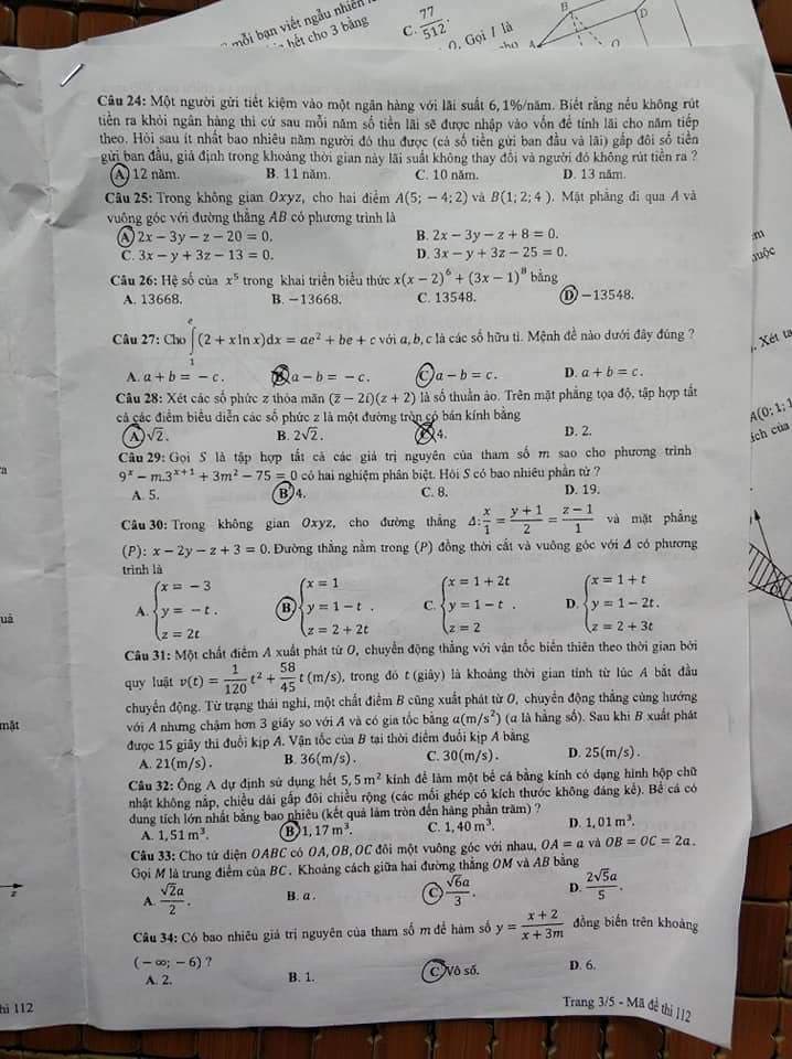 Đề thi, đáp án môn Toán mã đề 112 THPT Quốc gia 2018 chuẩn nhất (Hình 3).