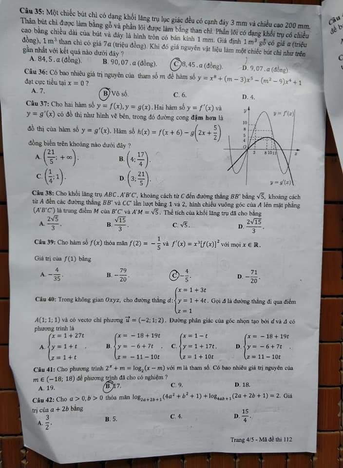 Đề thi, đáp án môn Toán mã đề 112 THPT Quốc gia 2018 chuẩn nhất (Hình 4).