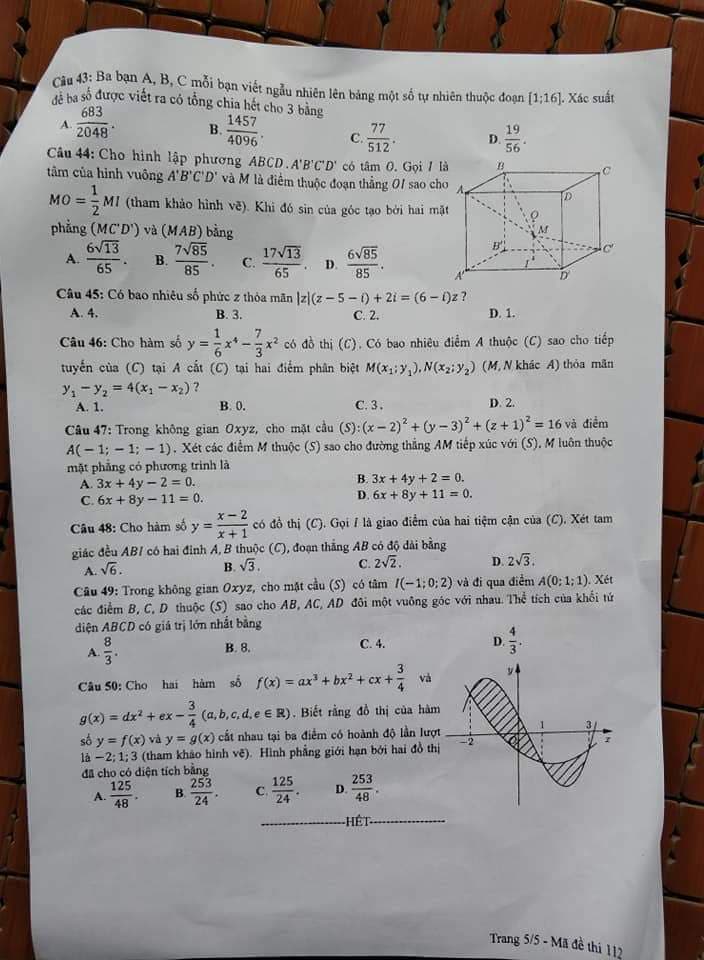 Đề thi, đáp án môn Toán mã đề 112 THPT Quốc gia 2018 chuẩn nhất (Hình 5).