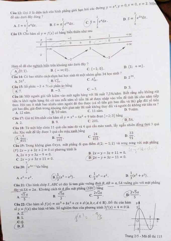  Đề thi, đáp án môn Toán mã đề 115 THPT Quốc gia 2018 chuẩn nhất (Hình 2).