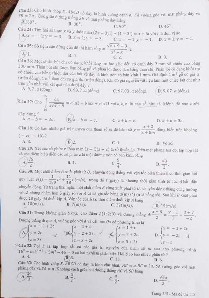 Đề thi, đáp án môn Toán mã đề 115 THPT Quốc gia 2018 chuẩn nhất (Hình 3).