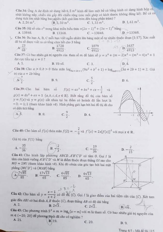  Đề thi, đáp án môn Toán mã đề 115 THPT Quốc gia 2018 chuẩn nhất (Hình 4).