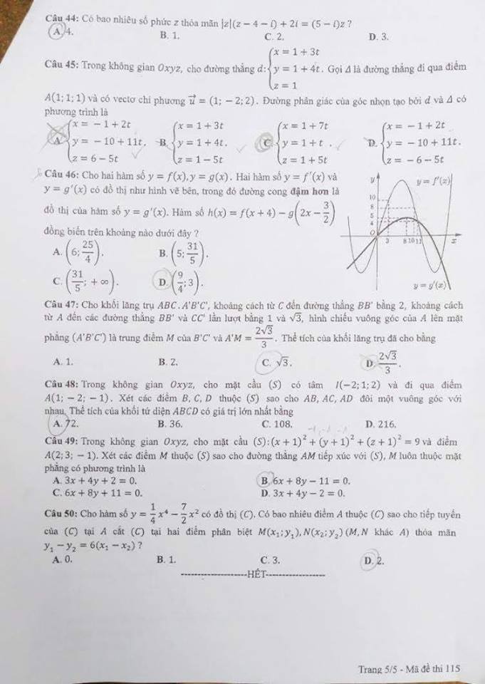  Đề thi, đáp án môn Toán mã đề 115 THPT Quốc gia 2018 chuẩn nhất (Hình 5).