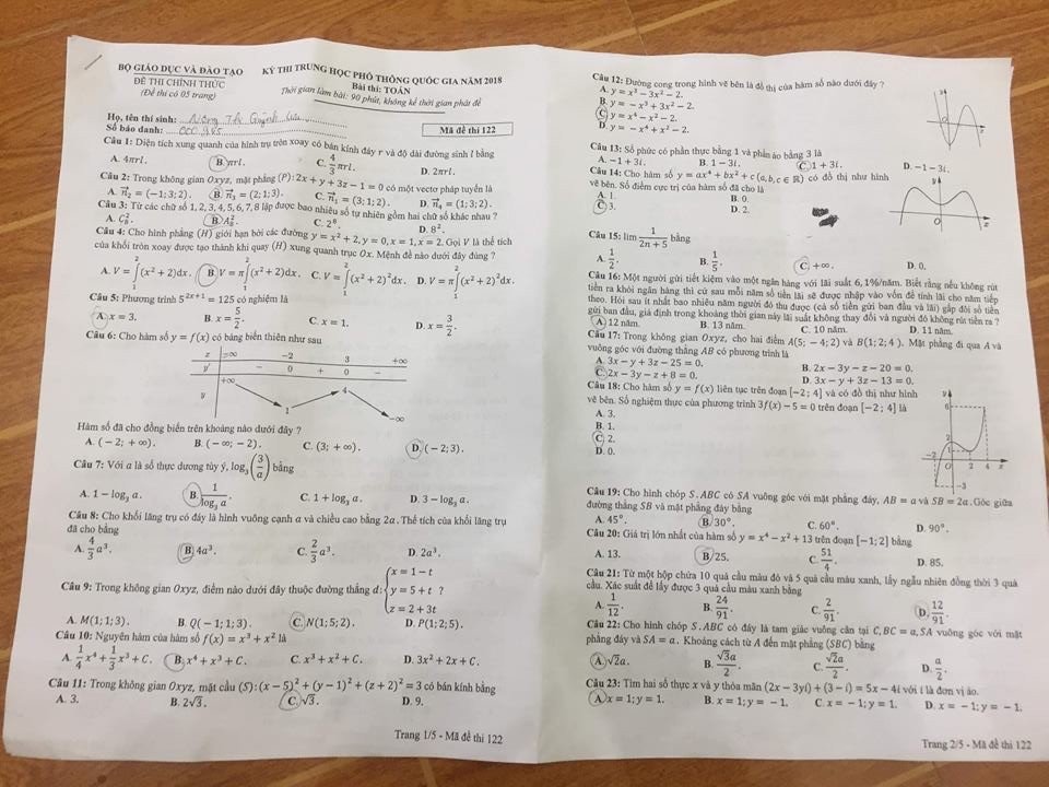 Đề thi, đáp án môn Toán mã đề 122 THPT Quốc gia 2018 chuẩn nhất